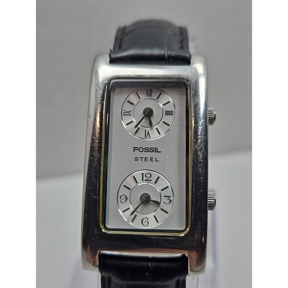 Fossil Steel Dual Time Tank 23mm Watch Silver Black Leather Quartz New Battery main image 12